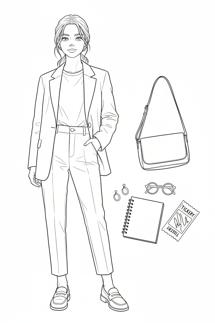 Black-and-white coloring page of a teen girl in a blazer, simple tee, ankle-length trousers, and loafers with a crossbody bag, sketchbook, glasses, earrings, and gallery ticket.