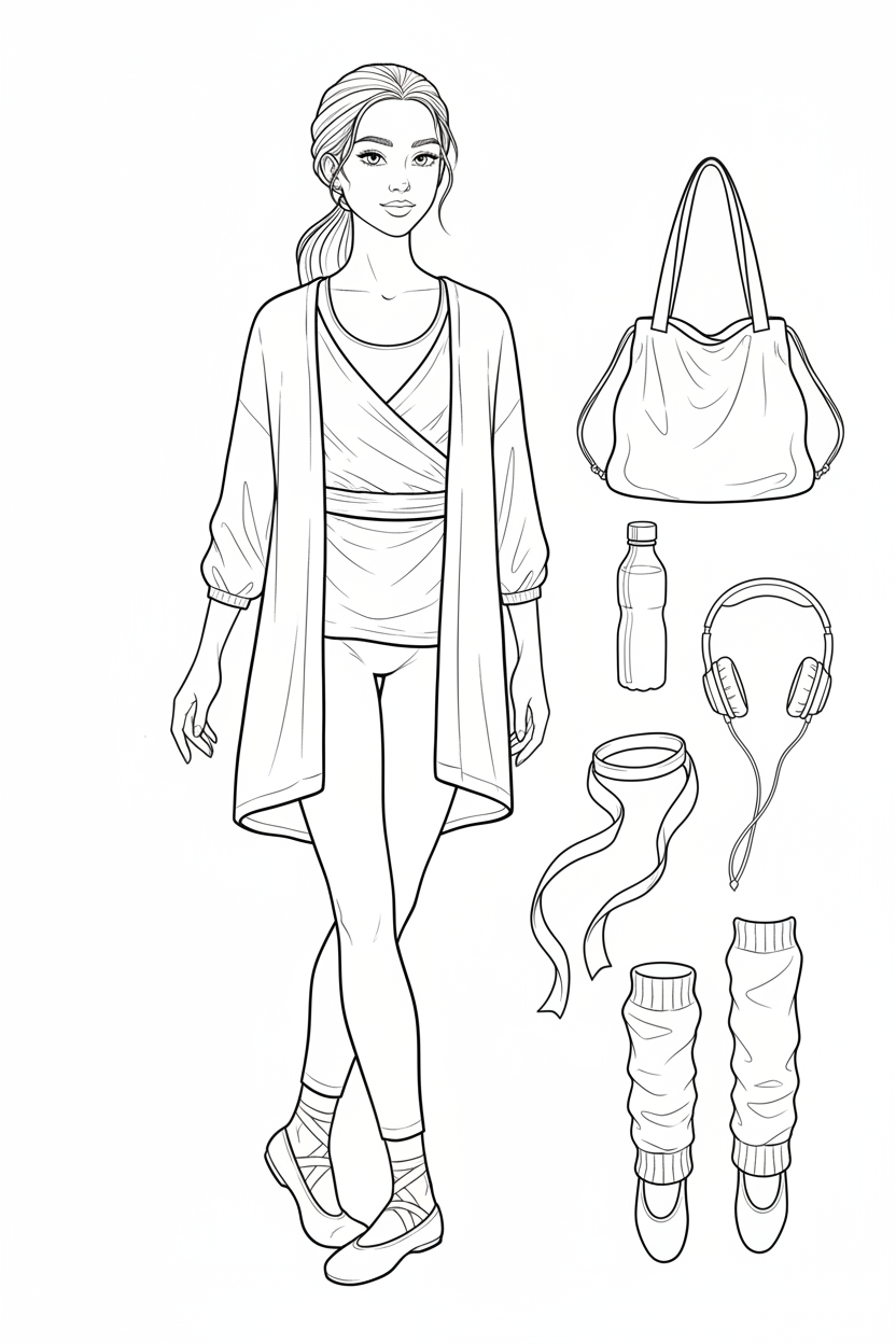 Black-and-white coloring page of a teen girl in a wrap top, leggings, cardigan, and dance shoes with a dance bag, water bottle, hair ribbon, leg warmers, and headphones.
