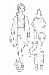 Black-and-white coloring page of a teen girl in a wrap top, leggings, cardigan, and dance shoes with a dance bag, water bottle, hair ribbon, leg warmers, and headphones.