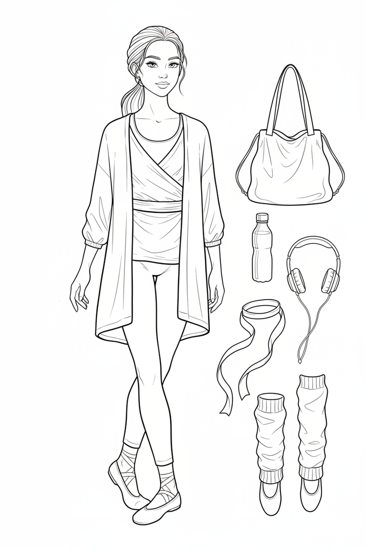 Black-and-white coloring page of a teen girl in a wrap top, leggings, cardigan, and dance shoes with a dance bag, water bottle, hair ribbon, leg warmers, and headphones.