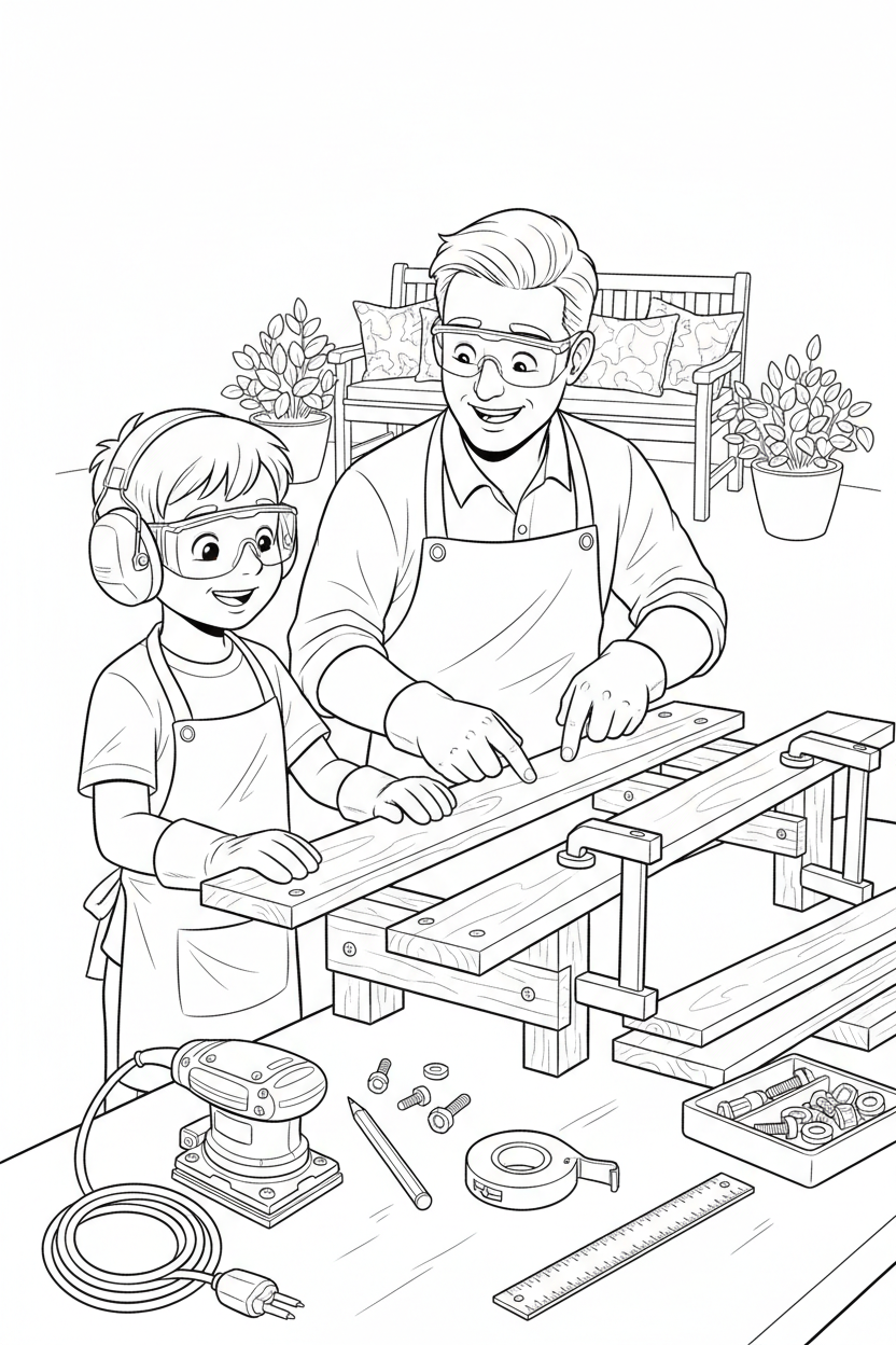 Black-and-white coloring page of a boy in safety gear with an adult supervisor assembling a long wooden garden bench with an unplugged sander, clamps, ruler, measuring tape, slats, bolts, cushions, and plants.