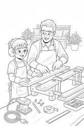 Black-and-white coloring page of a boy in safety gear with an adult supervisor assembling a long wooden garden bench with an unplugged sander, clamps, ruler, measuring tape, slats, bolts, cushions, and plants.
