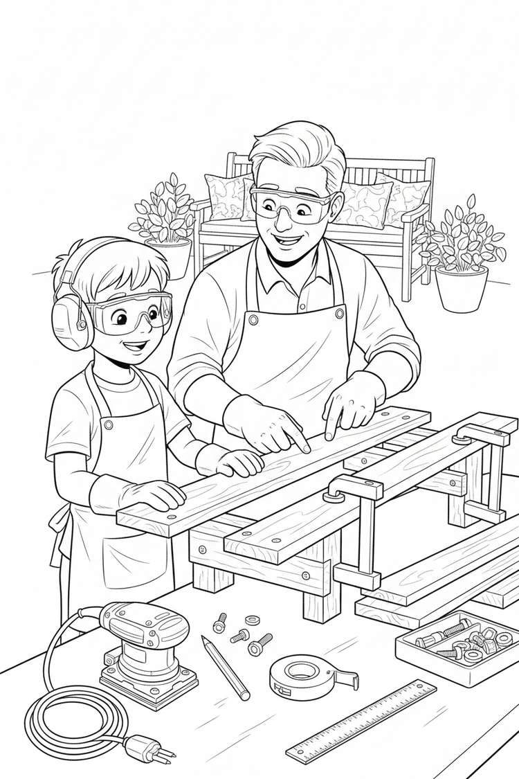 Black-and-white coloring page of a boy in safety gear with an adult supervisor assembling a long wooden garden bench with an unplugged sander, clamps, ruler, measuring tape, slats, bolts, cushions, and plants.