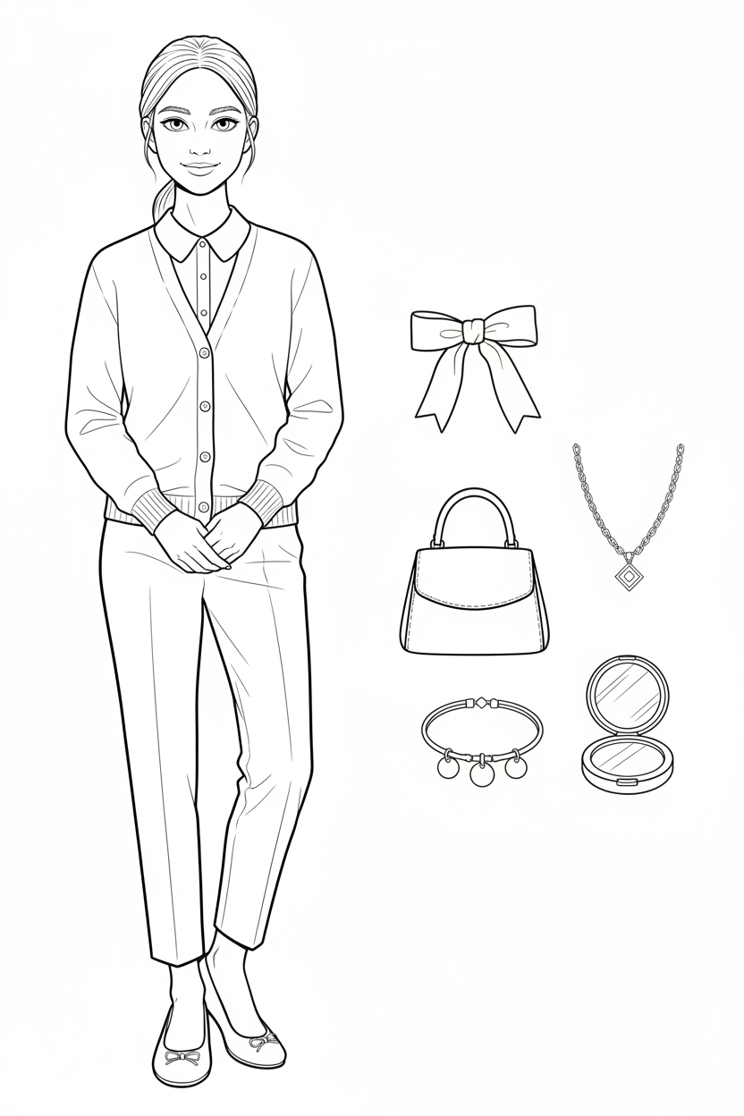 Black-and-white coloring page of a teen girl in a cardigan, collared blouse, ankle pants, and ballet flats with a hair ribbon, necklace, handbag, bracelet, and compact mirror.