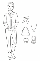 Black-and-white coloring page of a teen girl in a cardigan, collared blouse, ankle pants, and ballet flats with a hair ribbon, necklace, handbag, bracelet, and compact mirror.