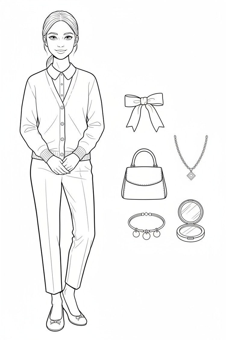 Black-and-white coloring page of a teen girl in a cardigan, collared blouse, ankle pants, and ballet flats with a hair ribbon, necklace, handbag, bracelet, and compact mirror.