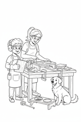 Black-and-white coloring page of a boy in safety gear with an adult supervisor building a wooden pet-feeding station with a stored cordless drill, clamps, bowls, wood panels, and a friendly dog.