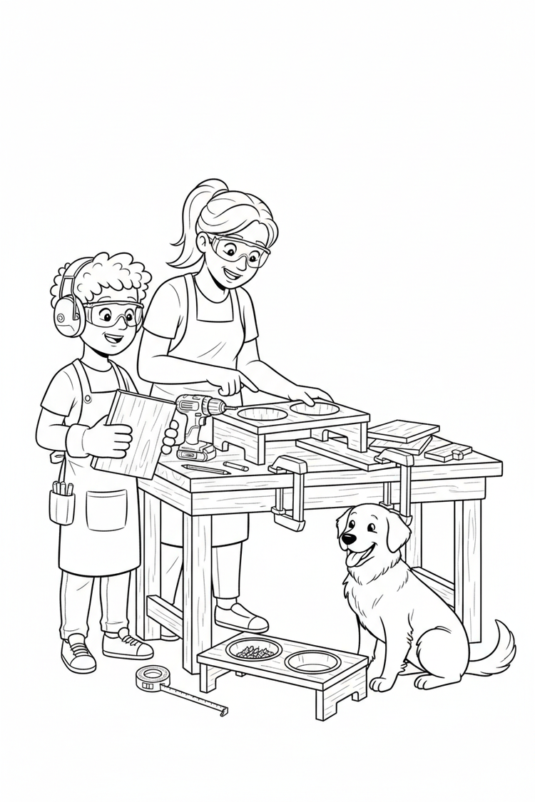 Black-and-white coloring page of a boy in safety gear with an adult supervisor building a wooden pet-feeding station with a stored cordless drill, clamps, bowls, wood panels, and a friendly dog.