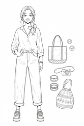Black-and-white coloring page of a teen girl in a blouse, cuffed jeans, and canvas sneakers with a handmade-style tote, button pins, ribbon clip, bracelets, camera, and shopping pouch.