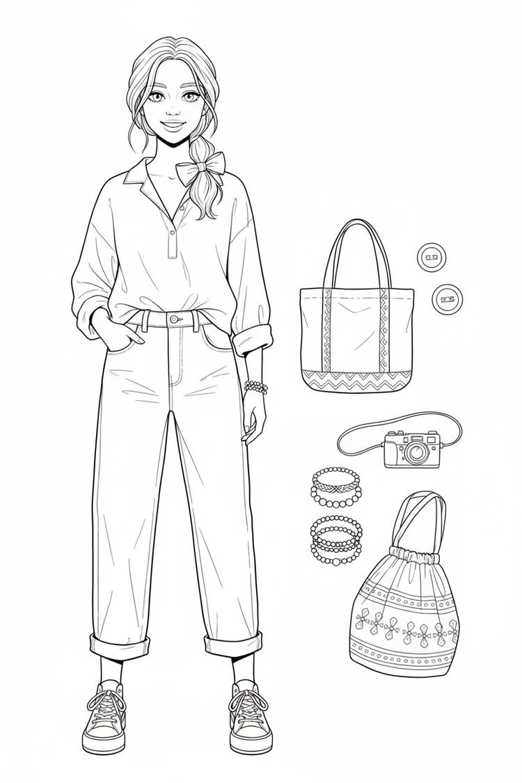 Black-and-white coloring page of a teen girl in a blouse, cuffed jeans, and canvas sneakers with a handmade-style tote, button pins, ribbon clip, bracelets, camera, and shopping pouch.