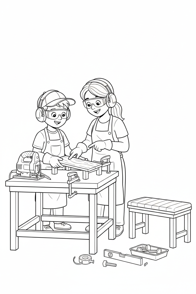 Black-and-white coloring page of a boy in safety gear with an adult supervisor assembling a small wooden bench with a stored jigsaw, clamps, level, measuring tape, pre-cut boards, bolts, and cushion.