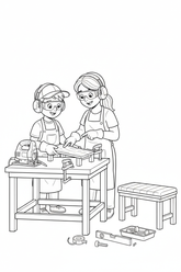 Black-and-white coloring page of a boy in safety gear with an adult supervisor assembling a small wooden bench with a stored jigsaw, clamps, level, measuring tape, pre-cut boards, bolts, and cushion.