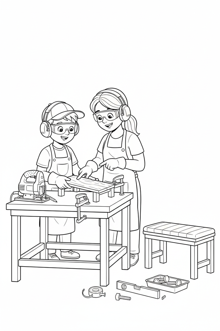 Black-and-white coloring page of a boy in safety gear with an adult supervisor assembling a small wooden bench with a stored jigsaw, clamps, level, measuring tape, pre-cut boards, bolts, and cushion.