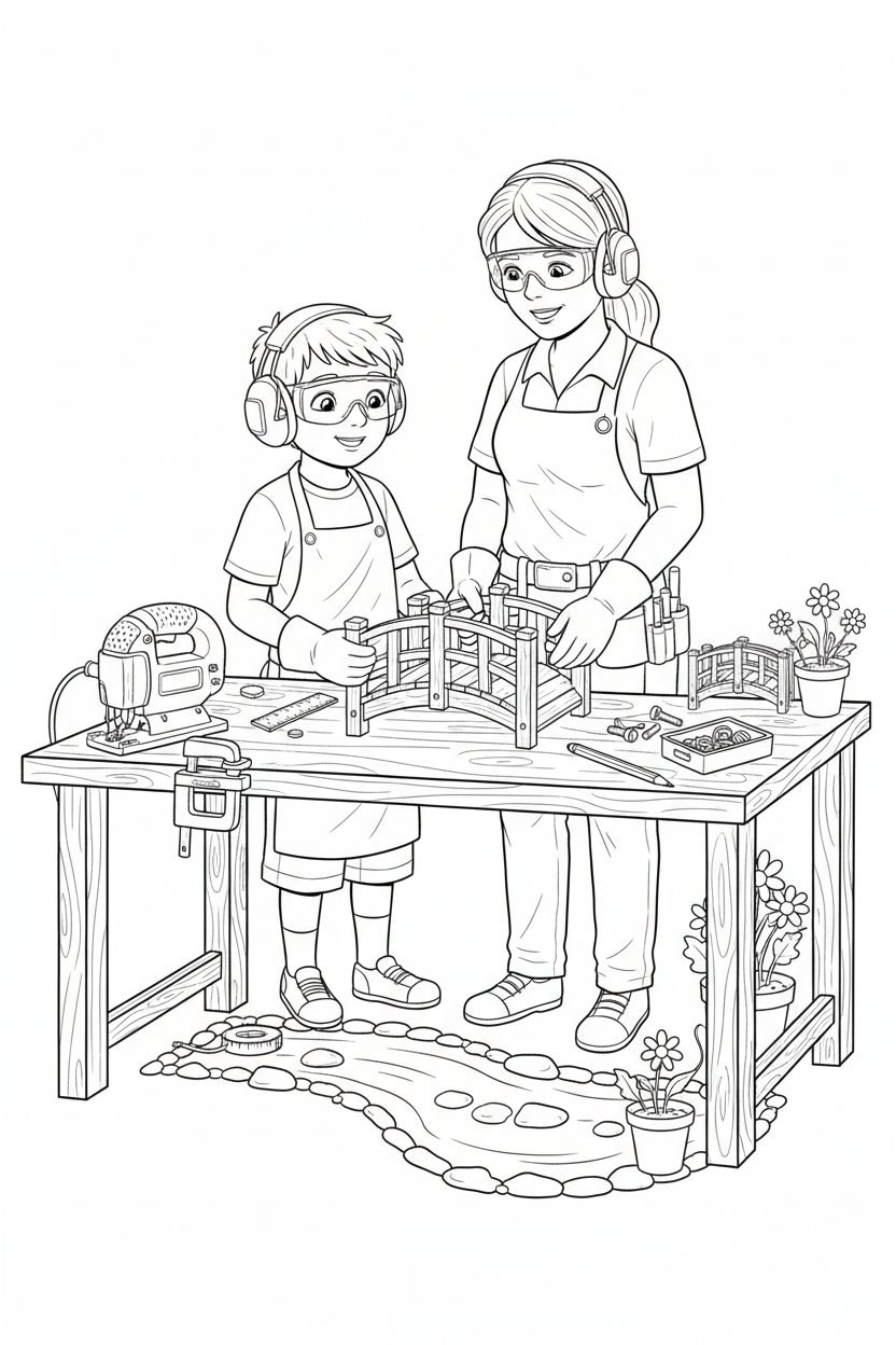Black-and-white coloring page of a boy in safety gear with an adult supervisor assembling a small wooden garden bridge with a stored jigsaw, clamps, ruler, measuring tape, pre-cut boards, and finished bridge.