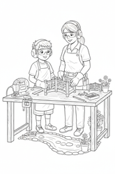 Black-and-white coloring page of a boy in safety gear with an adult supervisor assembling a small wooden garden bridge with a stored jigsaw, clamps, ruler, measuring tape, pre-cut boards, and finished bridge.