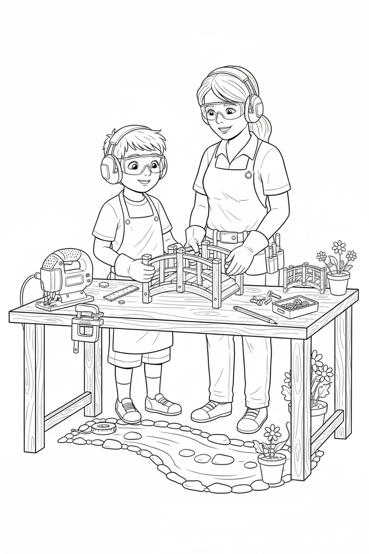 Black-and-white coloring page of a boy in safety gear with an adult supervisor assembling a small wooden garden bridge with a stored jigsaw, clamps, ruler, measuring tape, pre-cut boards, and finished bridge.
