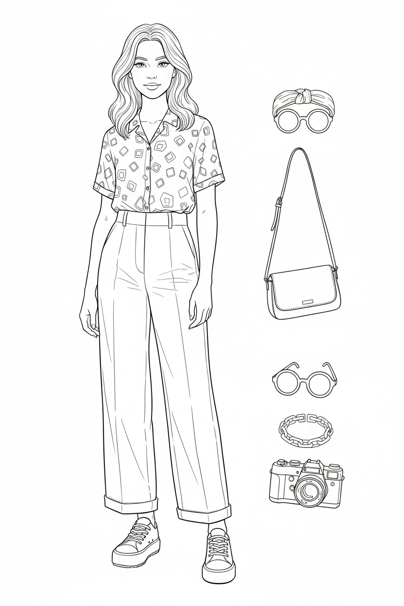 Black-and-white coloring page of a teen girl in a tucked blouse, high-waisted wide-leg trousers, and sneakers with a shoulder bag, round sunglasses, headband, bracelet, and vintage-style camera.