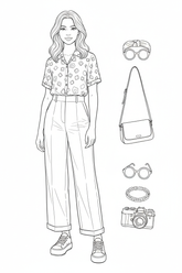 Black-and-white coloring page of a teen girl in a tucked blouse, high-waisted wide-leg trousers, and sneakers with a shoulder bag, round sunglasses, headband, bracelet, and vintage-style camera.