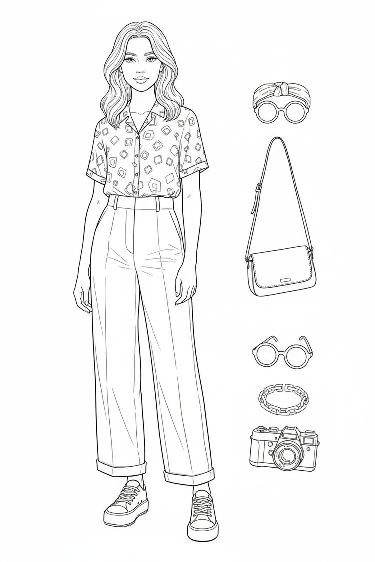 Black-and-white coloring page of a teen girl in a tucked blouse, high-waisted wide-leg trousers, and sneakers with a shoulder bag, round sunglasses, headband, bracelet, and vintage-style camera.