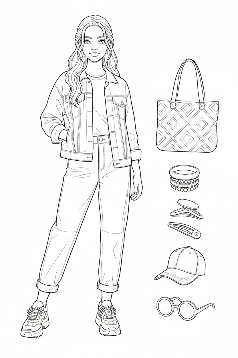 Black-and-white coloring page of a teen girl in a denim jacket, tee, relaxed jeans, and sneakers with a tote bag, bracelets, baseball cap, hair clips, and sunglasses.