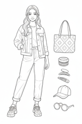 Black-and-white coloring page of a teen girl in a denim jacket, tee, relaxed jeans, and sneakers with a tote bag, bracelets, baseball cap, hair clips, and sunglasses.