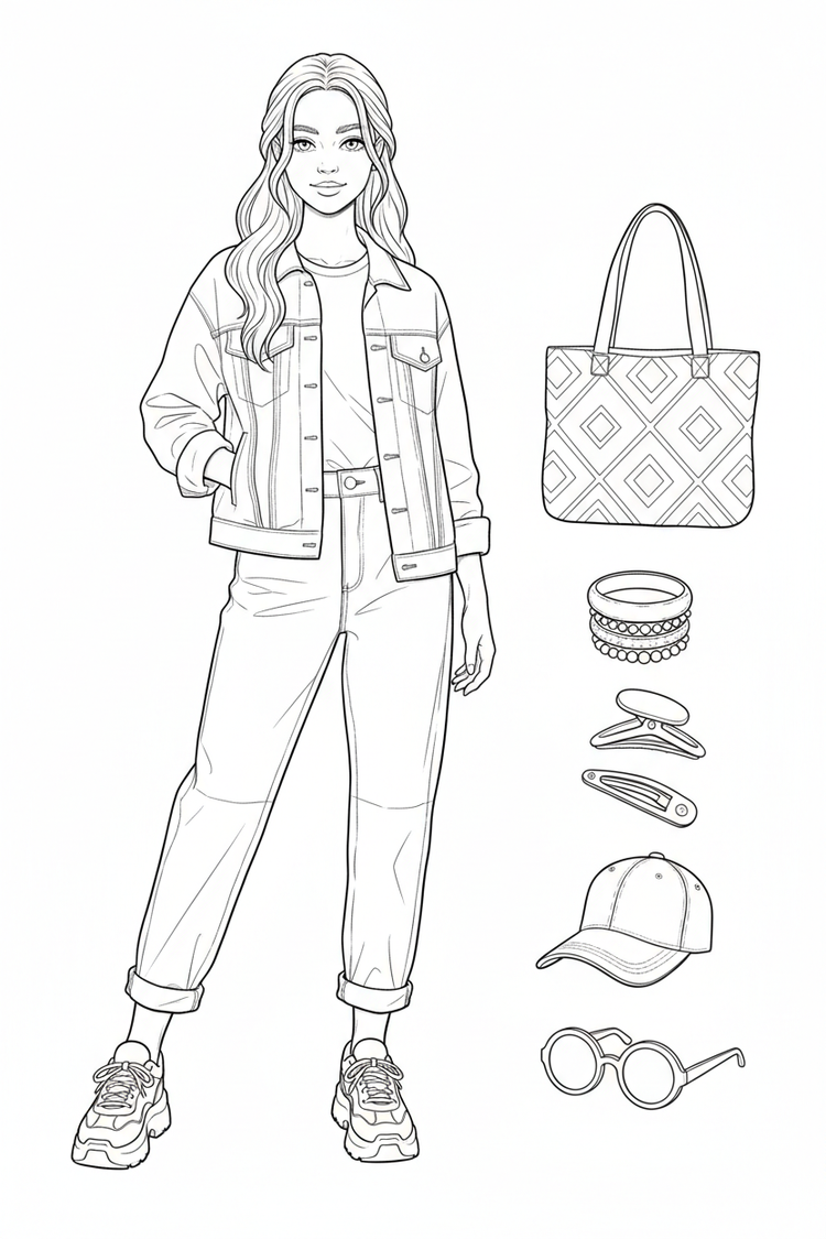 Black-and-white coloring page of a teen girl in a denim jacket, tee, relaxed jeans, and sneakers with a tote bag, bracelets, baseball cap, hair clips, and sunglasses.