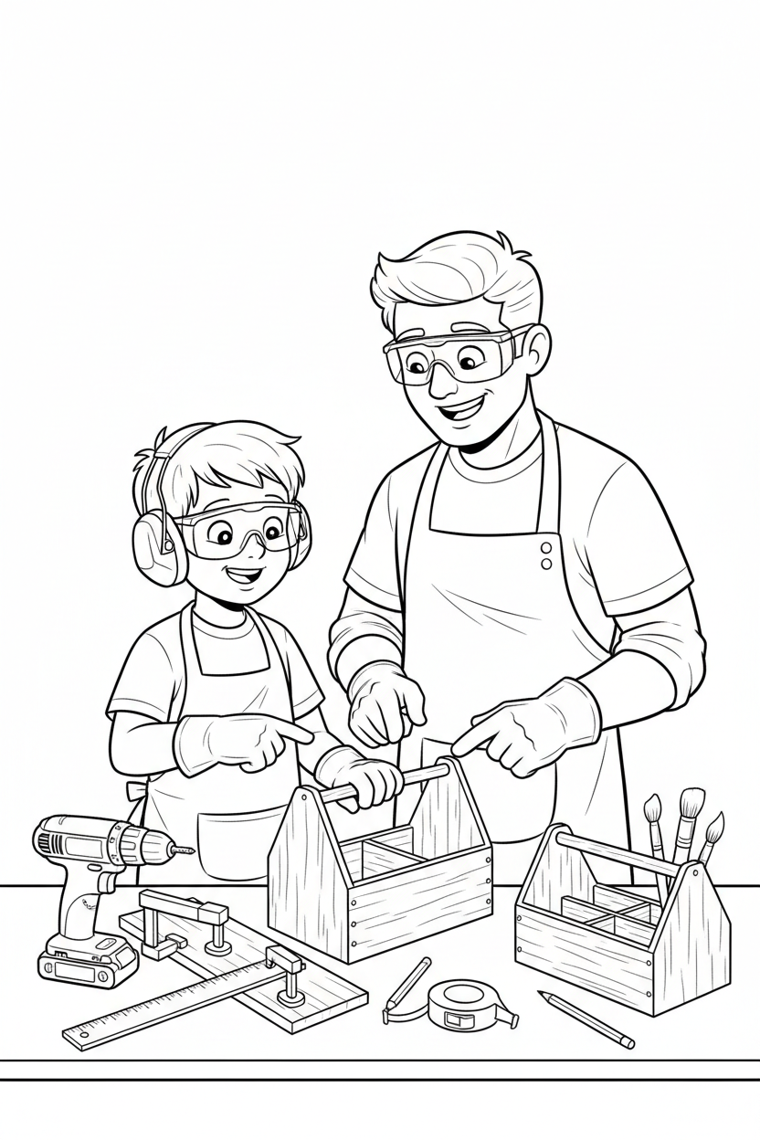 Black-and-white coloring page of a boy in safety gear with an adult supervisor designing a wooden toolbox organizer, with a stored cordless drill, clamps, ruler, measuring tape, pre-cut compartments, and finished organizer.