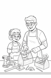 Black-and-white coloring page of a boy in safety gear with an adult supervisor designing a wooden toolbox organizer, with a stored cordless drill, clamps, ruler, measuring tape, pre-cut compartments, and finished organizer.