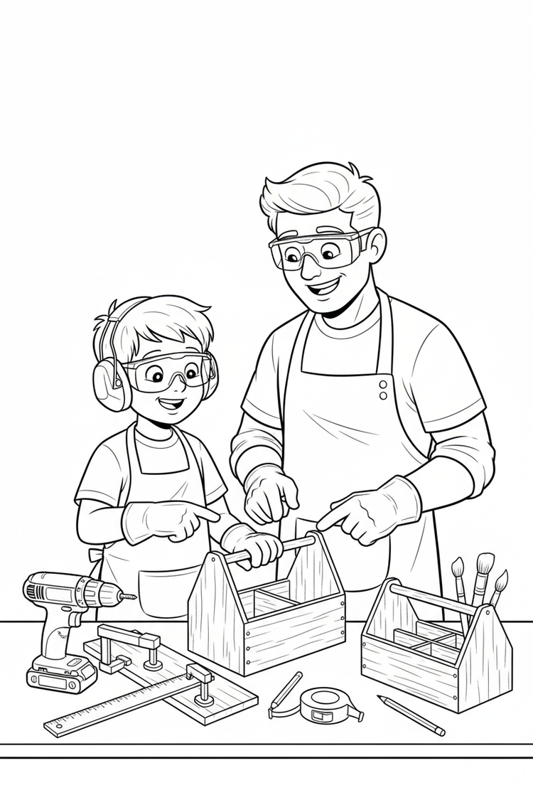 Black-and-white coloring page of a boy in safety gear with an adult supervisor designing a wooden toolbox organizer, with a stored cordless drill, clamps, ruler, measuring tape, pre-cut compartments, and finished organizer.