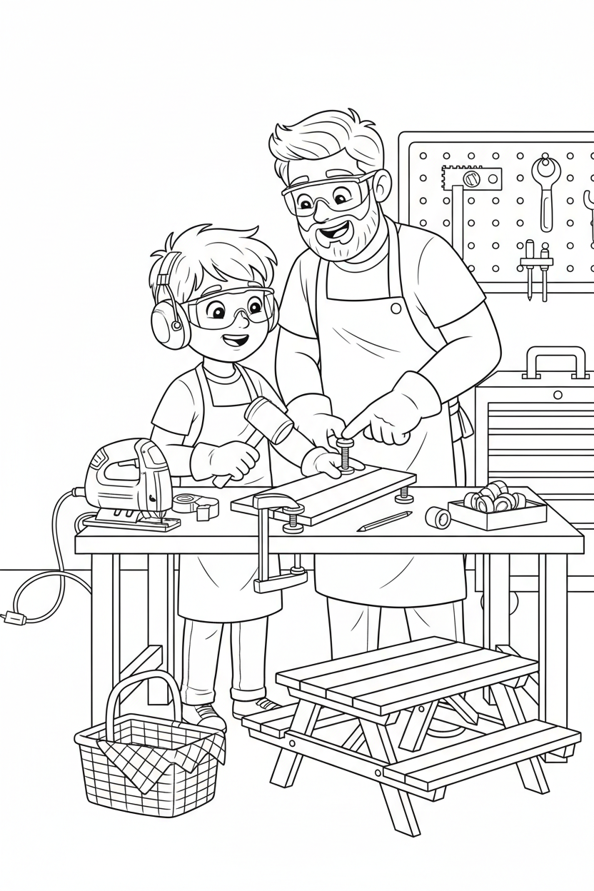 Black-and-white coloring page of a boy in safety gear with an adult supervisor assembling a wooden picnic table with an unplugged jigsaw, clamps, level, measuring tape, pre-cut boards, bolts, and basket.