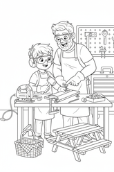 Black-and-white coloring page of a boy in safety gear with an adult supervisor assembling a wooden picnic table with an unplugged jigsaw, clamps, level, measuring tape, pre-cut boards, bolts, and basket.
