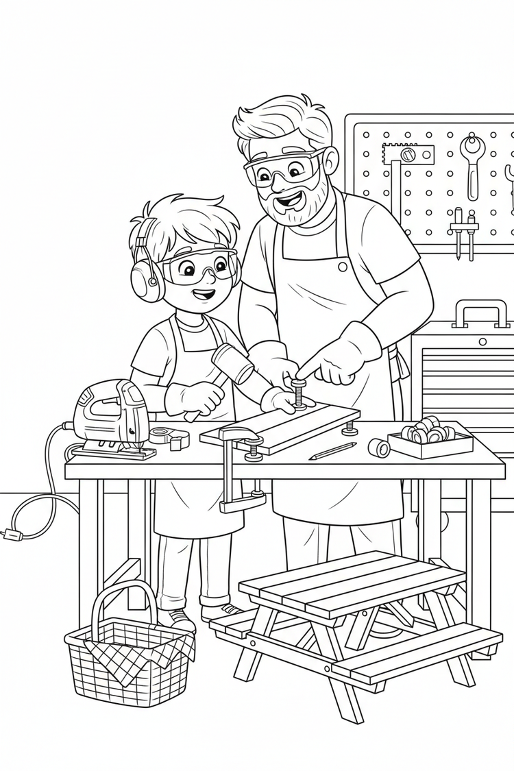 Black-and-white coloring page of a boy in safety gear with an adult supervisor assembling a wooden picnic table with an unplugged jigsaw, clamps, level, measuring tape, pre-cut boards, bolts, and basket.