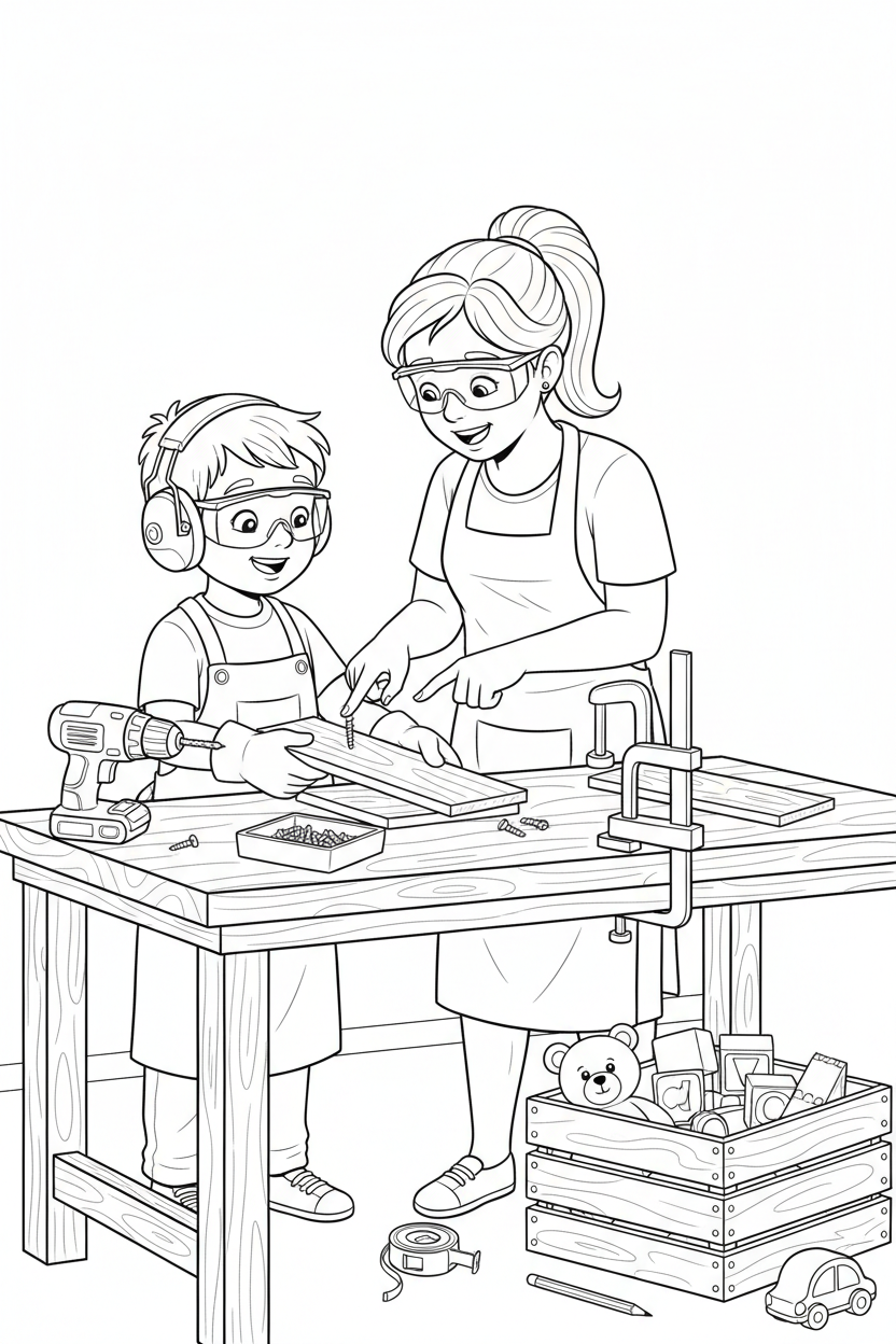 Black-and-white coloring page of a boy in safety gear with an adult supervisor building a stackable wooden crate with a stored cordless drill, clamps, measuring tape, slats, handles, screws, and toys.