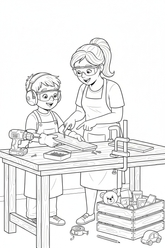 Black-and-white coloring page of a boy in safety gear with an adult supervisor building a stackable wooden crate with a stored cordless drill, clamps, measuring tape, slats, handles, screws, and toys.