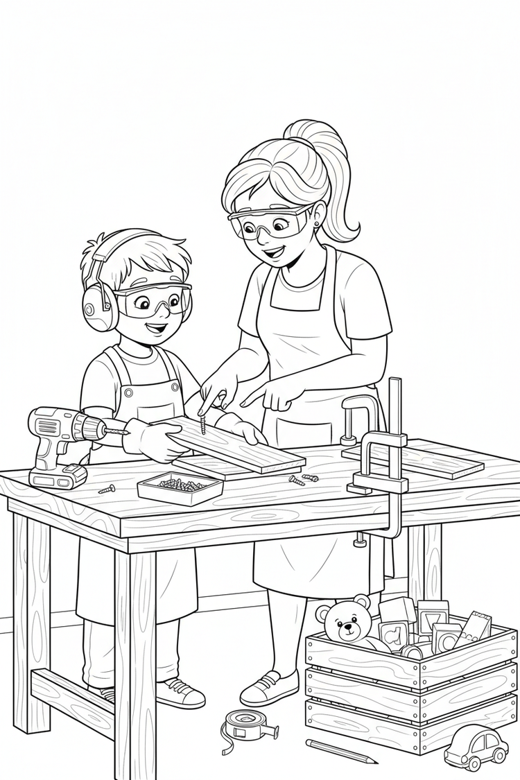 Black-and-white coloring page of a boy in safety gear with an adult supervisor building a stackable wooden crate with a stored cordless drill, clamps, measuring tape, slats, handles, screws, and toys.