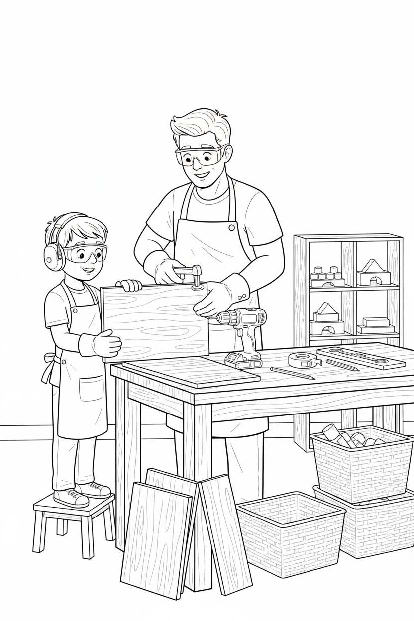 Black-and-white coloring page of a boy in safety gear with an adult supervisor assembling a wooden storage cubby with a stored drill, clamps, level, measuring tape, shelf pieces, baskets, and finished organizer.