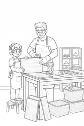Black-and-white coloring page of a boy in safety gear with an adult supervisor assembling a wooden storage cubby with a stored drill, clamps, level, measuring tape, shelf pieces, baskets, and finished organizer.