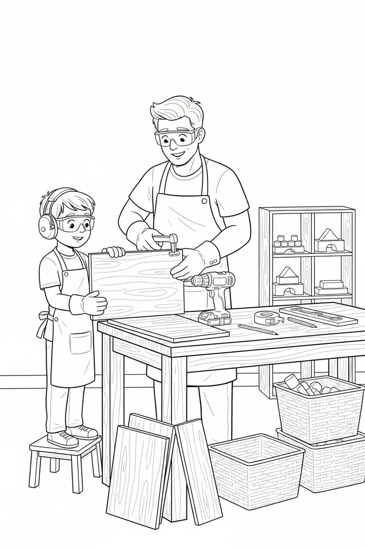 Black-and-white coloring page of a boy in safety gear with an adult supervisor assembling a wooden storage cubby with a stored drill, clamps, level, measuring tape, shelf pieces, baskets, and finished organizer.