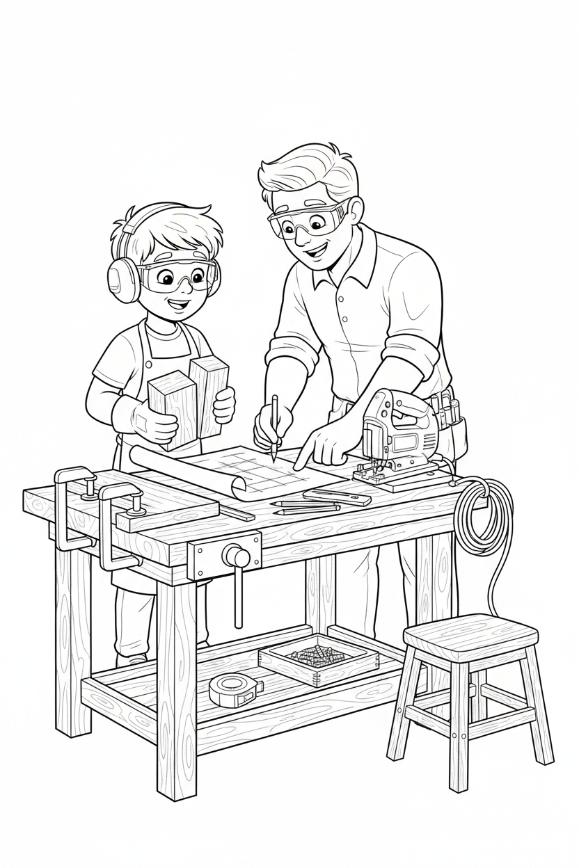 Black-and-white coloring page of a boy in safety gear with an adult supervisor designing a wooden step stool with a stored jigsaw, clamps, ruler, measuring tape, rounded wood pieces, and finished stool.