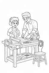 Black-and-white coloring page of a boy in safety gear with an adult supervisor designing a wooden step stool with a stored jigsaw, clamps, ruler, measuring tape, rounded wood pieces, and finished stool.
