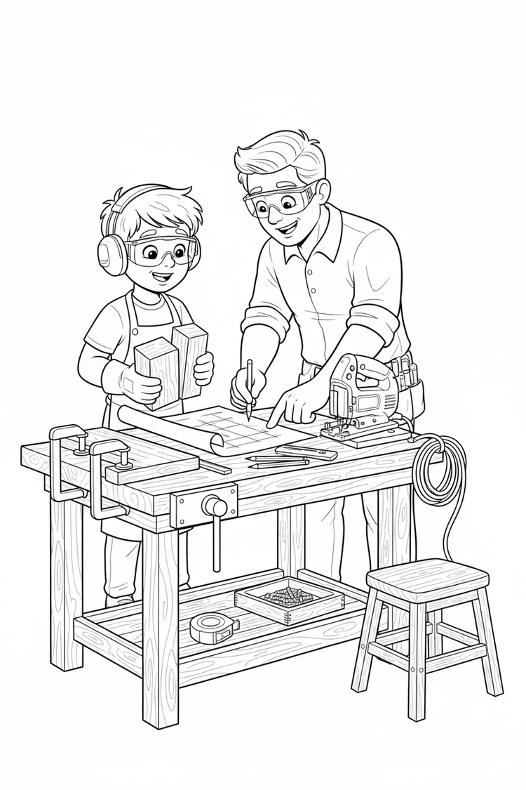 Black-and-white coloring page of a boy in safety gear with an adult supervisor designing a wooden step stool with a stored jigsaw, clamps, ruler, measuring tape, rounded wood pieces, and finished stool.