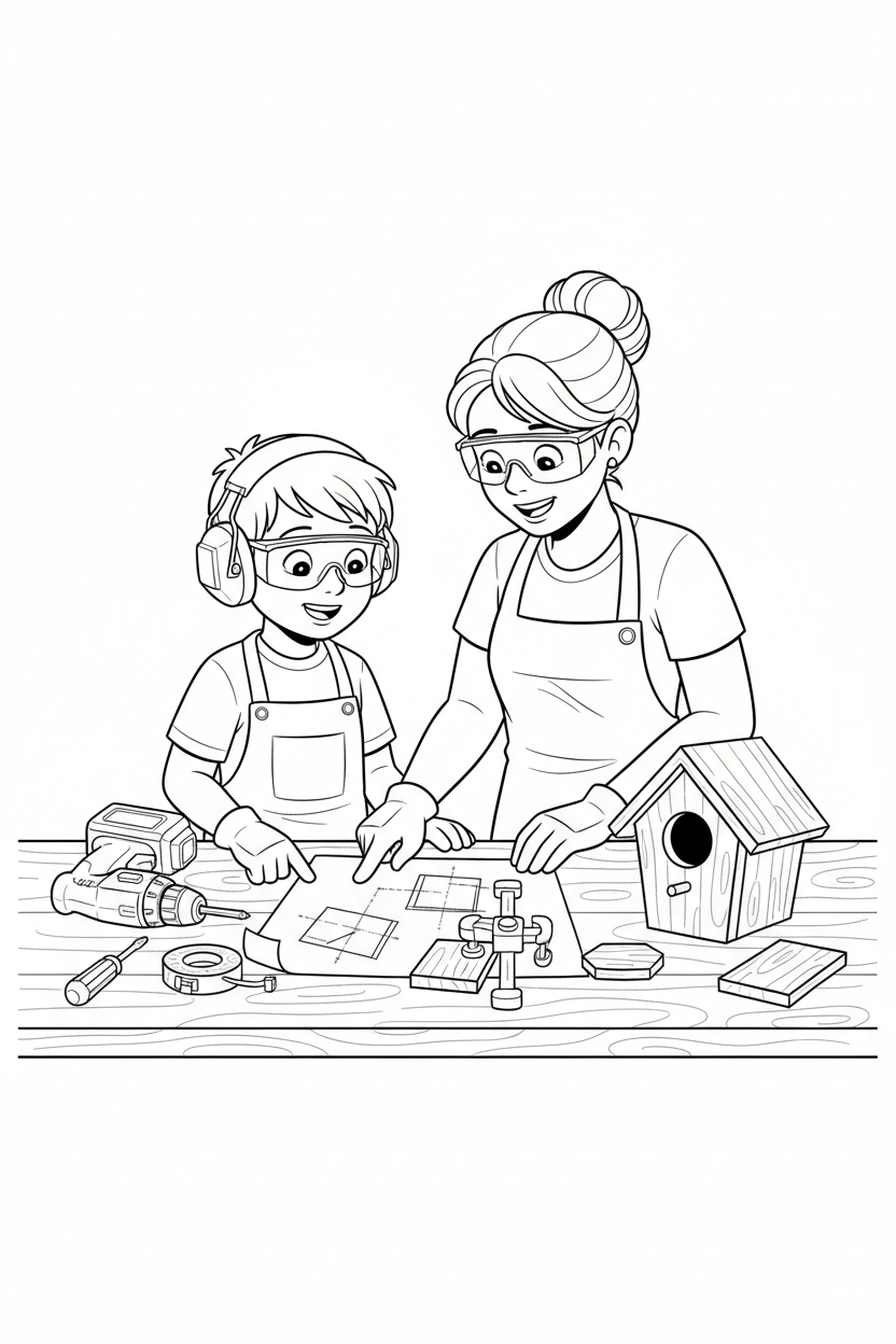 Black-and-white coloring page of a boy in safety gear with an adult supervisor planning a birdhouse project, with a stored cordless drill, clamps, measuring tape, pre-cut wood, and finished birdhouse.