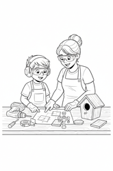 Black-and-white coloring page of a boy in safety gear with an adult supervisor planning a birdhouse project, with a stored cordless drill, clamps, measuring tape, pre-cut wood, and finished birdhouse.