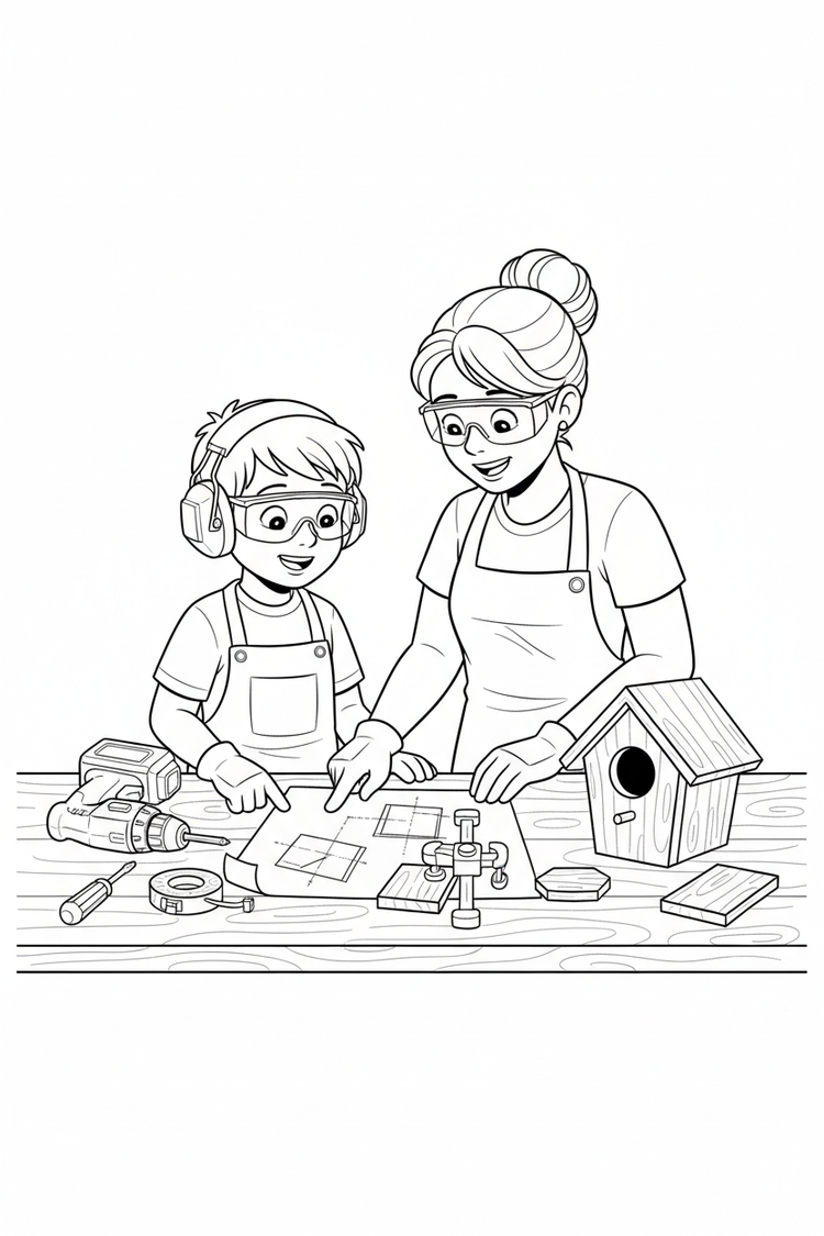 Black-and-white coloring page of a boy in safety gear with an adult supervisor planning a birdhouse project, with a stored cordless drill, clamps, measuring tape, pre-cut wood, and finished birdhouse.