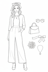 Black-and-white coloring page of a teen girl in a jumpsuit, cropped jacket, and low block-heel shoes with a handbag, pendant necklace, hair ribbon, sunglasses, and bouquet.