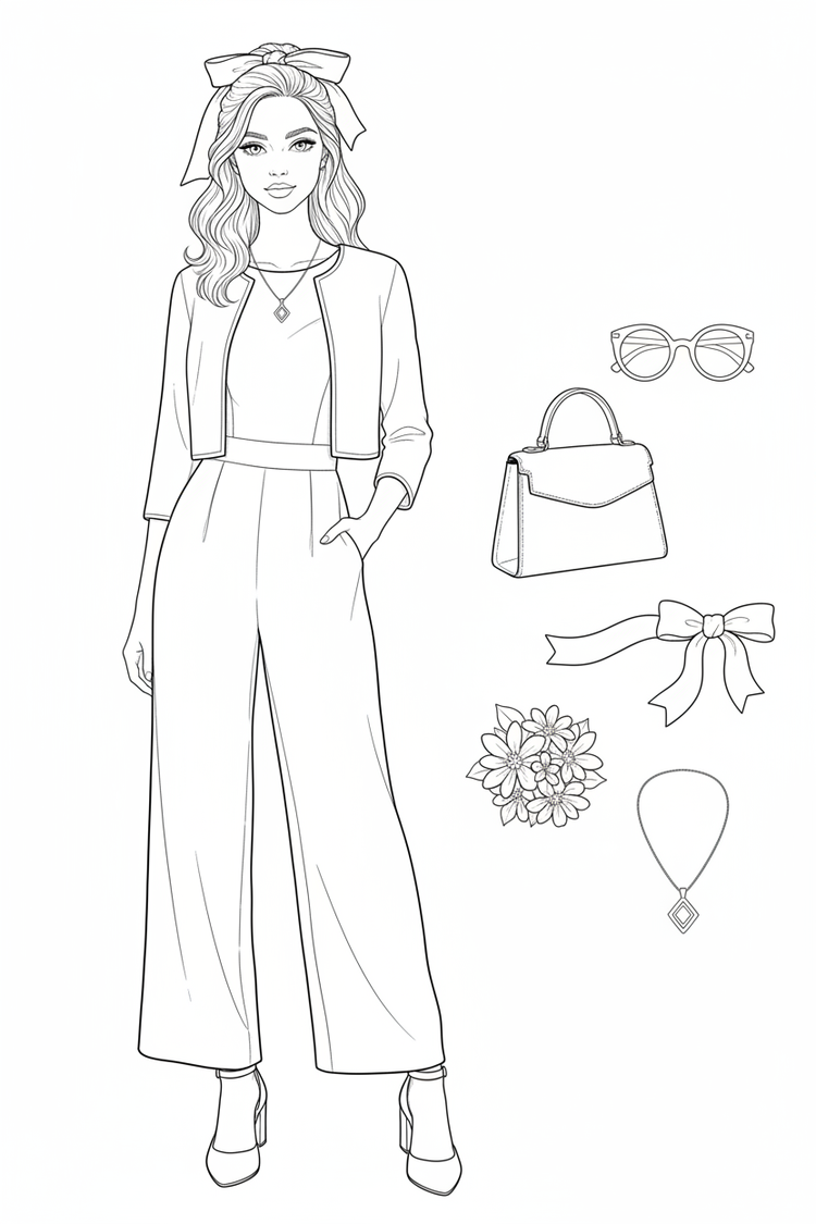 Black-and-white coloring page of a teen girl in a jumpsuit, cropped jacket, and low block-heel shoes with a handbag, pendant necklace, hair ribbon, sunglasses, and bouquet.