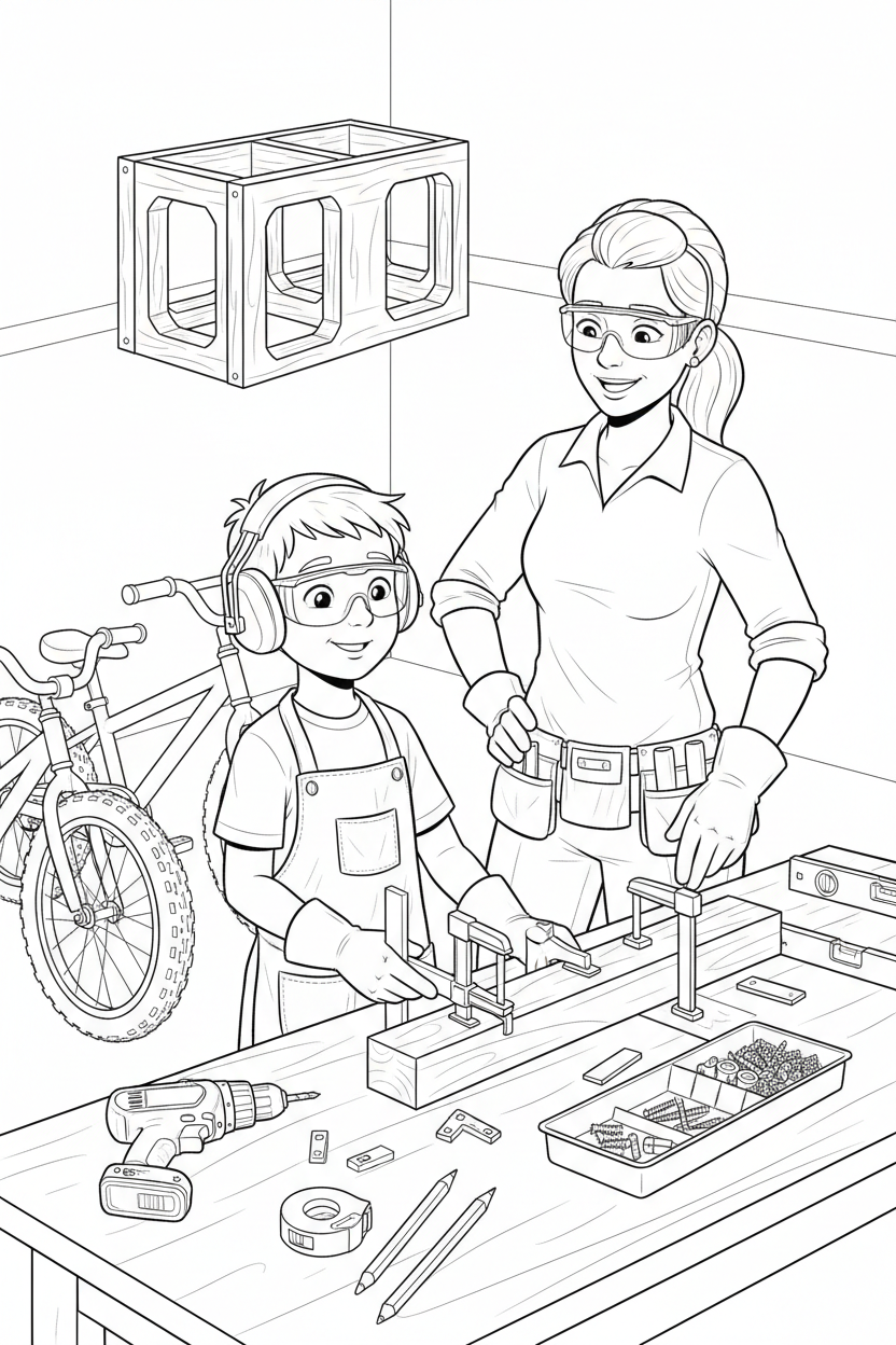 Black-and-white coloring page of a boy in safety gear with an adult supervisor building a wooden bicycle rack with a stored cordless drill, clamps, level, measuring tape, brackets, screws, and bicycles nearby.