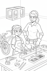Black-and-white coloring page of a boy in safety gear with an adult supervisor building a wooden bicycle rack with a stored cordless drill, clamps, level, measuring tape, brackets, screws, and bicycles nearby.