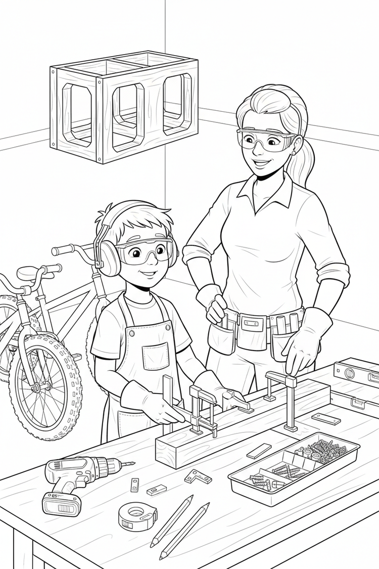 Black-and-white coloring page of a boy in safety gear with an adult supervisor building a wooden bicycle rack with a stored cordless drill, clamps, level, measuring tape, brackets, screws, and bicycles nearby.