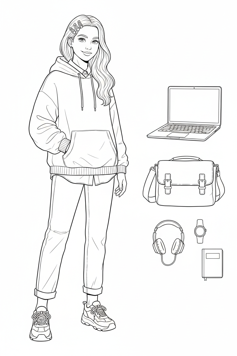 Black-and-white coloring page of a teen girl in a hoodie, collared shirt, straight-leg jeans, and sneakers with a laptop, messenger bag, headphones, smartwatch, hair clips, and notebook.